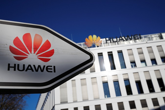 The logo of Huawei Technologies is pictured in front of the German headquarters of the Chinese telecommunications giant in Dusseldorf