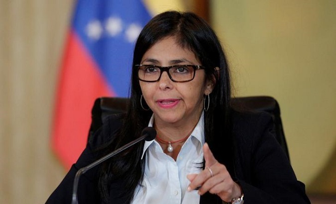 Vice President of Venezuela Delcy Rodríguez speaks during a press conference.