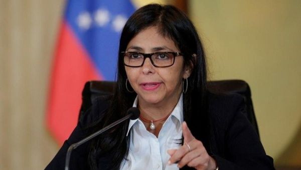 Vice President of Venezuela Delcy Rodríguez speaks during a press conference. 