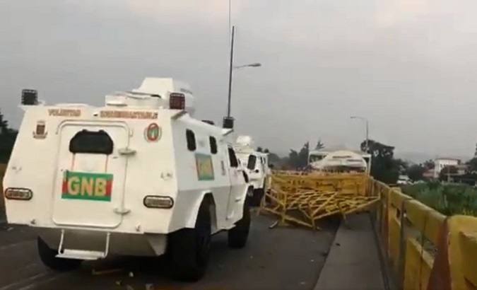 Venezuelan armed vehicles are seen at the Venezuelan-Colombian border after the staged attack by right-wing elements.
