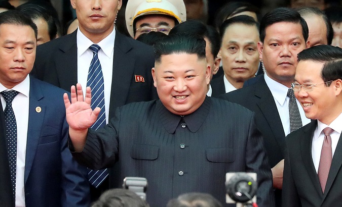 North Korea's leader Kim Jong Un waves as he arrives at the Dong Dang railway station, Vietnam, at the border with China, February 26, 2019.