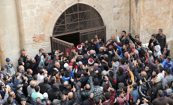 Palestinian Muslims enter the Golden Gate near Al-Aqsa mosque in Jerusalem's Old City Feb. 22, 2019.