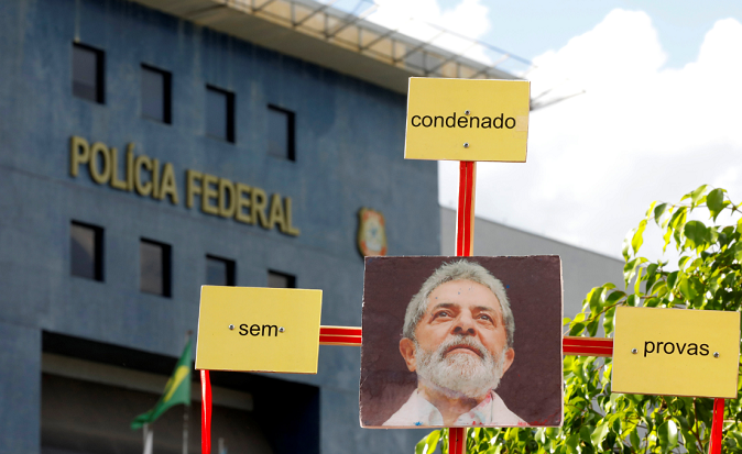A picture of Brazil's former President Luiz Inacio Lula da Silva outside the Federal Police headquarters in Curitiba where Lula is a political prisoner Feb. 7, 2019.