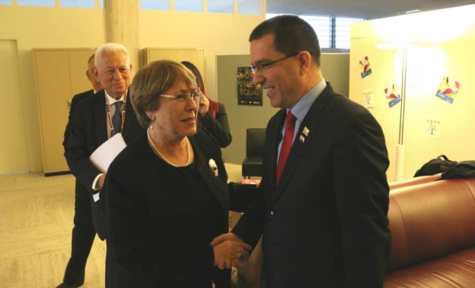 Venezuela's Foreign Minister Jorge Arreaza meets with Michelle Bachelet, the head of the United Nations Human Rights Council in Geneva.