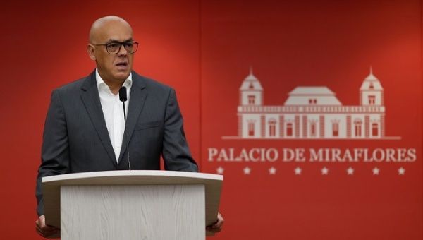 Minister Jorge Rodriguez speaks at Miraflores Palace in Caracas, Venezuela, Oct. 17, 2018. 
