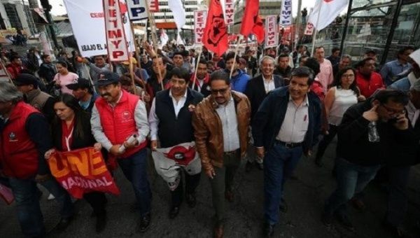 Members of the Unitary Workers’ Front (FUT), the largest union in Ecuador, protesting against the austerity measures imposed by Lenin Moreno's government in Quito, Ecuador. Jan. 30, 2019.