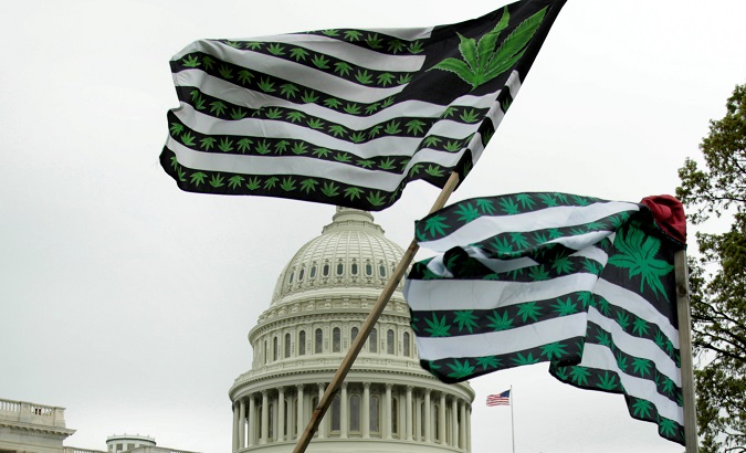 Marijuana flags are seen as protesters gather to smoke on the steps of the U.S. Capitol to tell Congress to 