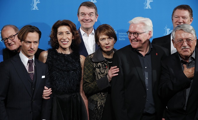 President of Germany Frank-Walter Steinmeier, director Heinrich Breloer and cast members pose before world premiere of movie Brecht at the 69th Berlinale International Film Festival in Berlin, Germany.