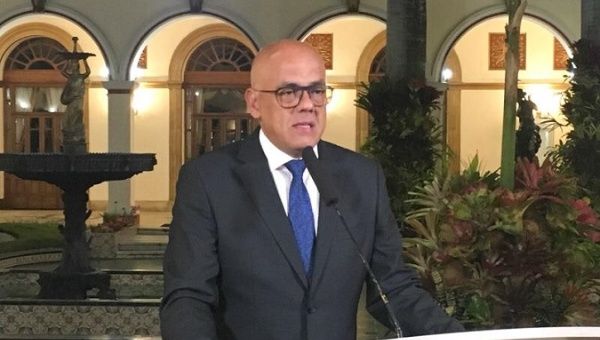Venezuelan Minister of Popular Power for Communications and Information Jorge Rodriguez delivers a statement about the blackout situation at the Presidential Palace. 