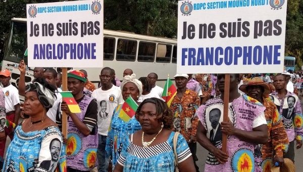 Demonstrators carry banners as they take part in a march against independence for the Anglophone regions, in Douala, Cameroon Oct. 1, 2017.