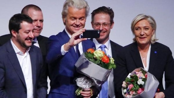 Dutch far-right Party for Freedom (PVV) leader Geert Wilders takes a photo during the European far-right leaders meeting in Koblenz, Germany, January 21.