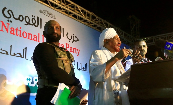 FILE PHOTO: Sudanese opposition figure Sadiq al-Mahdi addresses his supporters after he returned from nearly a year in self-imposed exile in Khartoum