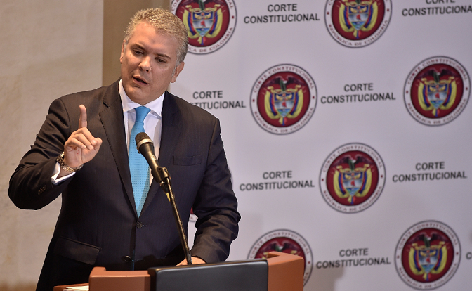 Colombian President Ivan Duque speaks during a hearing at the Constitutional Court in Bogota. March 2019