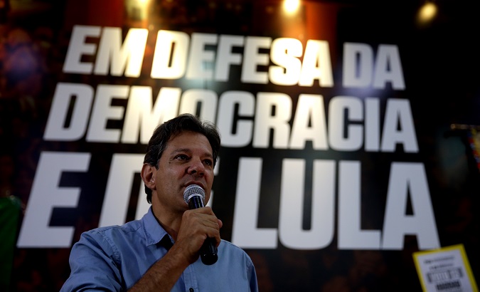 Fernando Haddad at a political meeting in Sao Paulo, Brazil, Oct. 16, 2018.