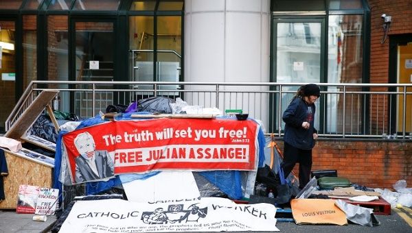 Australian protester Ciaron O'Reilly is seen at his makeshift camp next to the Ecuadorian Embassy, where Julian Assange is currently living, in London, Britain Feb. 23, 2019. 