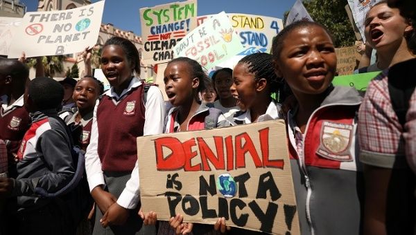 Students take part in a global protest against climate change in Cape Town, South Africa.