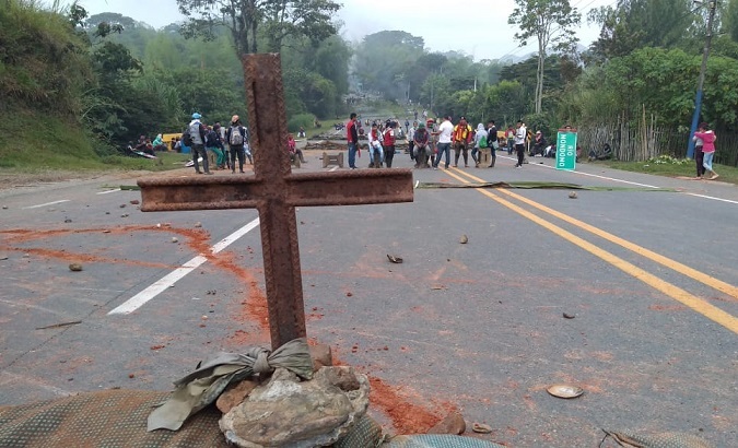 Indigenous peoples block the Pan-American Highway at the Cauca Valley, Colombia, March 15, 2019.