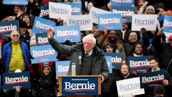 U.S. Presidential Candidate and Vermont Senator Bernie Sanders speaks at a rally in New York.