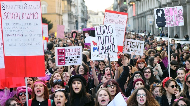 People take part in a march marking International Women's Day in Berlin, Germany, March 8, 2019