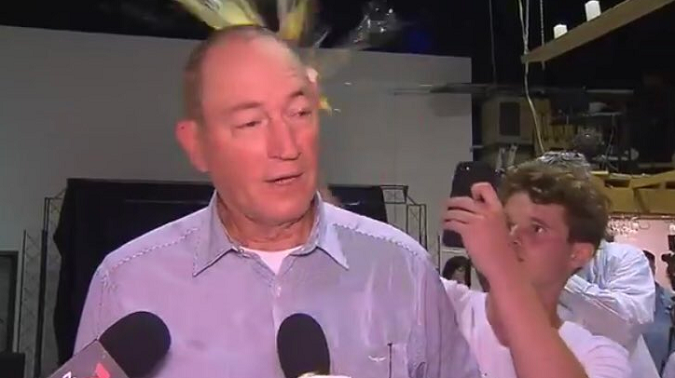Racist Senator Fraser Anning being egged by Will Connolly after anti-Muslim hate speech.