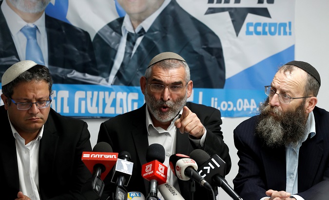 Michael Ben-Ari from the Jewish Power party delivers a statement to the media together with his party's members, Baruch Marzel and Itamar Ben-Gvir, March 17, 2019.