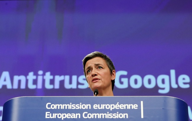 European Competition Commissioner Margrethe Vestager talks to the media at the European Commission headquarters in Brussels, Belgium March 20, 2019.