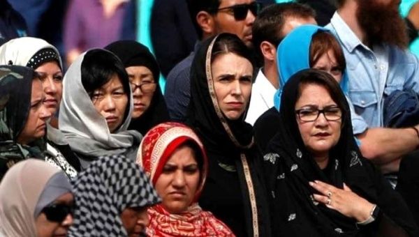 New Zealand Prime Minister Jacinda Ardern attends the Friday prayers at Hagley Park outside Al-Noor mosque in Christchurch.