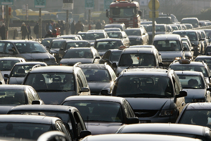 Cars sit in traffic in Brussels, one of the most congested cities in Europe.