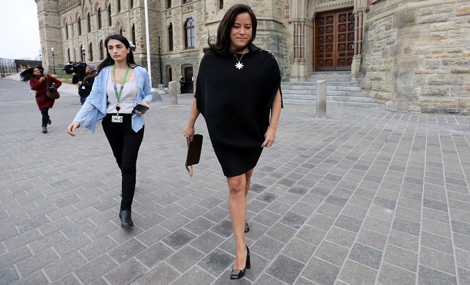 Former Canadian justice minister Jody Wilson-Raybould leaves West Block on Parliament Hill in Ottawa.