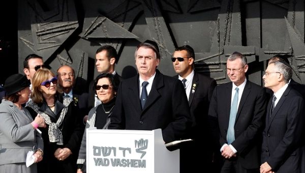 Brazilian President Jair Bolsonaro delivers a statement at Yad Vashem World Holocaust Remembrance Center in Jerusalem April 2, 2019.