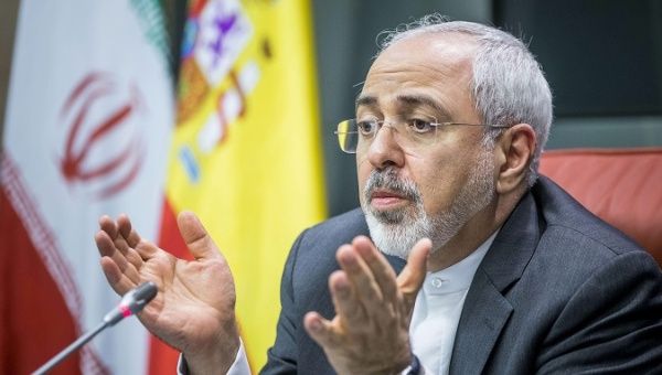 Foreign Minister Mohammad Yavad Zarif at a press conference in Madrid, Spain.