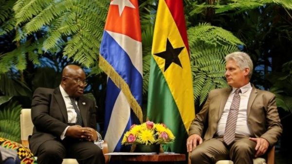 Ghanaian President Nana Addo Dankwa Akufo-Addo (L) sits with Cuban leader, Miguel Diaz-Canel.