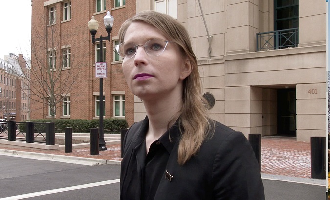 Chelsea Manning speaks to reporters outside the U.S. federal courthouse shortly before appearing before a federal judge and being taken into custody for contempt of court in Alexandria, Virginia.