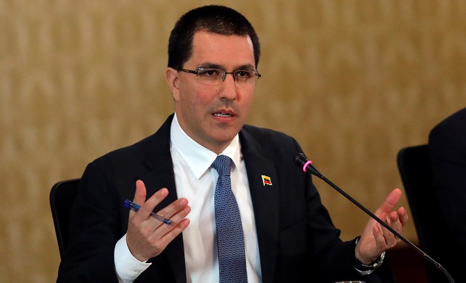 Foreign Affairs Minister Jorge Arreaza during a news conference in Caracas, Venezuela April 8, 2019.