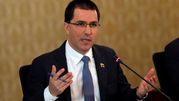 Foreign Affairs Minister Jorge Arreaza during a news conference in Caracas, Venezuela April 8, 2019. 