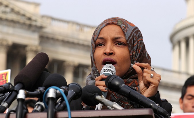 U.S. Representative Ilhan Omar participates in a news conference to call on Congress to cut funding for I.C.E.
