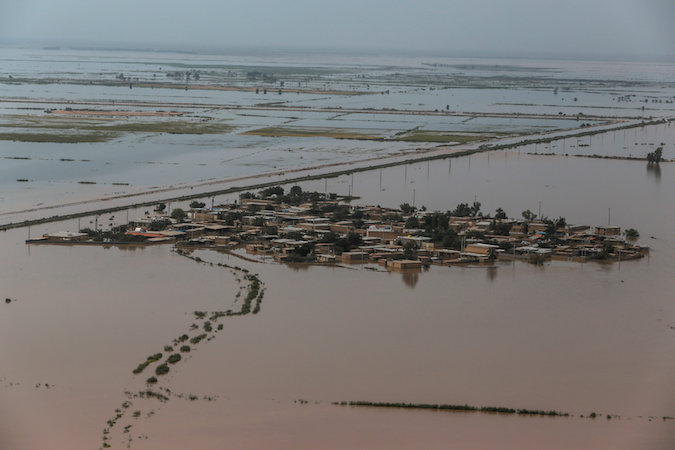 An aerial view of flooding in Khuzestan province, Iran, April 5, 2019.