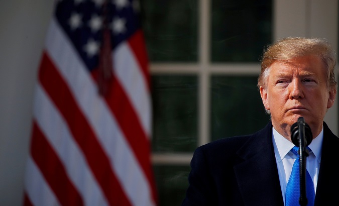 U.S. President Trump declares a national emergency at the southern border during a press conference at the White House in Washington.