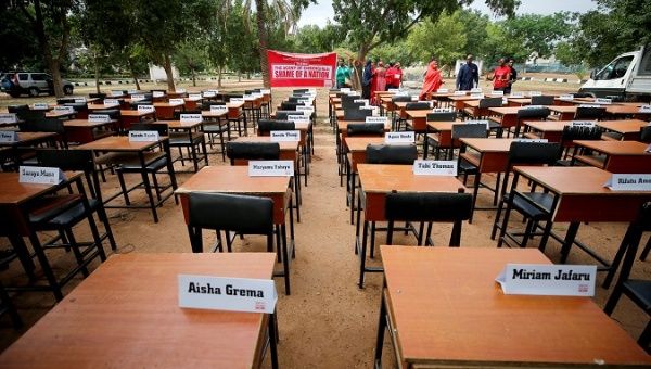 Names of missing Chibok school girls kidnapped by Boko Haram insurgency five years ago are displayed during the 5th year anniversary of their abduction, in Abuja, Nigeria April 14, 2019. 
