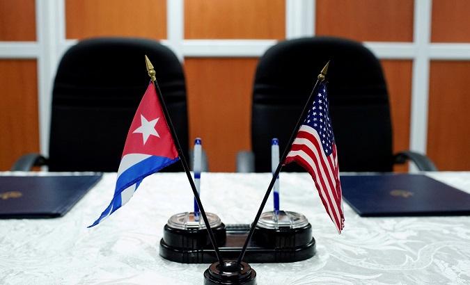 A view of the U.S. and Cuban flags prior to the signing of agreements between the Port of Cleveland and the Cuban Maritime authorities in Havana, Cuba, Oct. 6, 2017.