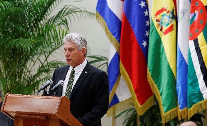 President Miguel Diaz-Canel at the Bolivarian Alliance for the Peoples of Our America-Peoples Trade Agreement Summit in Havana, Cuba, December 14, 2018.