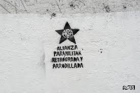 Graffiti showing alternate meanings for the APRA acroynm, which stands for American Popular Revolutionary Alliance, but is reinterpreted as Backwards and Servile Paramilitary Alliance.