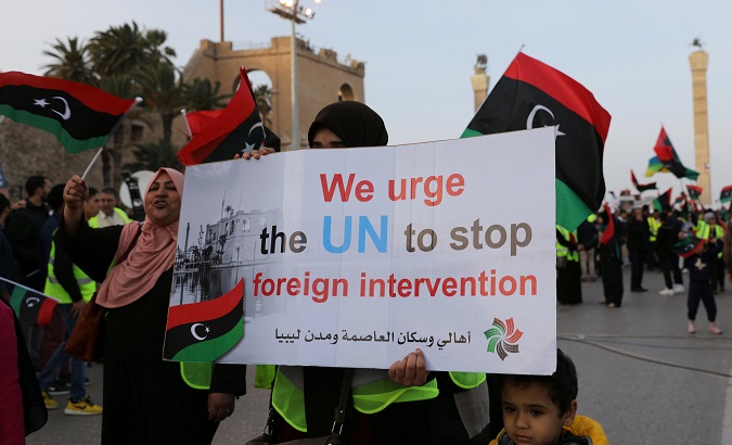 Libyans demand an end to the Khalifa Haftar's offensive at The Square of Martyrs in Tripoli, Libya, April 19, 2019.