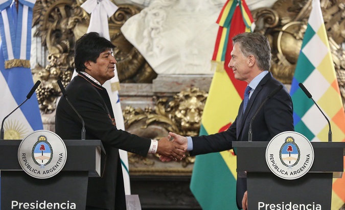 President of Argentina Mauricio Macri shakes hands with his Bolivian counterpart Evo Morales during a joint press conference held on Monday at the Casa Rosada, in Buenos Aires, Argentina.