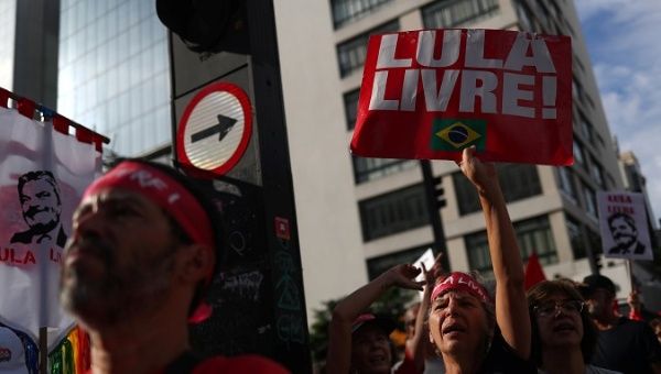 Brazilians demonstrate to demand Lula's freedom in Sao Paulo, Brazil, April 7, 2019.