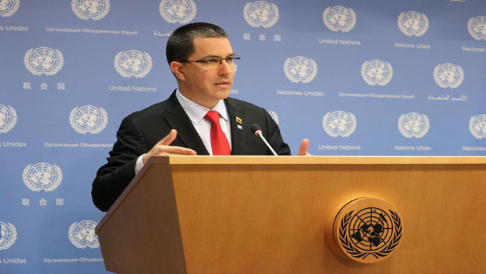 Jorge Arreaza, Venezuelan Foreign Minister, speaking to the United Nations in a press conference.