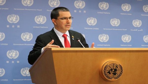 Jorge Arreaza, Venezuelan Foreign Minister, speaking to the United Nations in a press conference. 