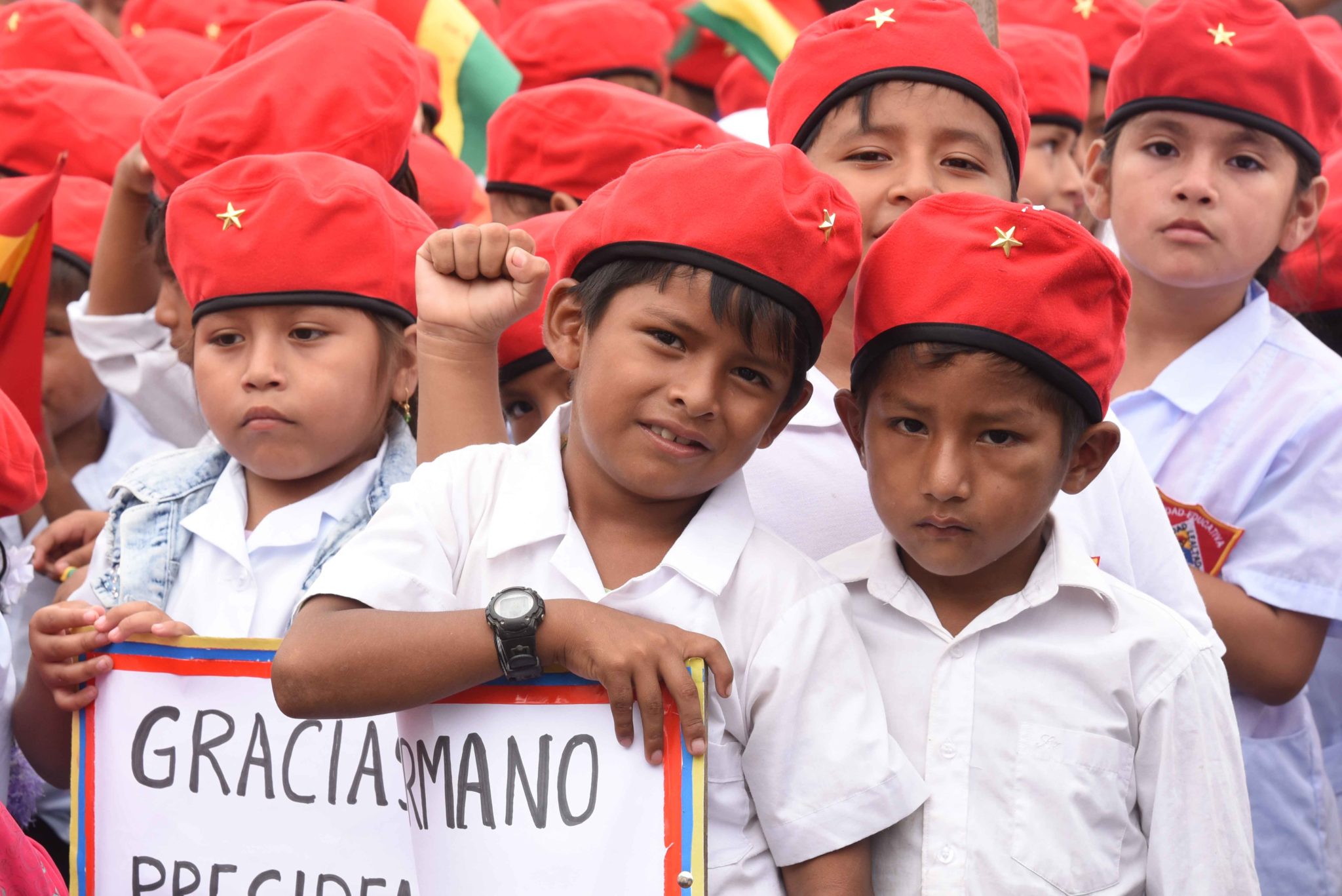 First students at the inauguration ceremony of the Hugo Chavez school in 2017.