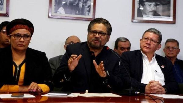 FARC political party member Ivan Marquez speaks during a press conference in Bogota, Colombia, April 10, 2018.
