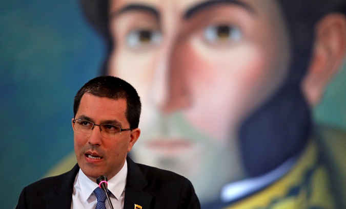 Venezuela's Foreign Affairs Minister Jorge Arreaza talks to the media during a news conference in Caracas, Venezuela April 8, 2019.